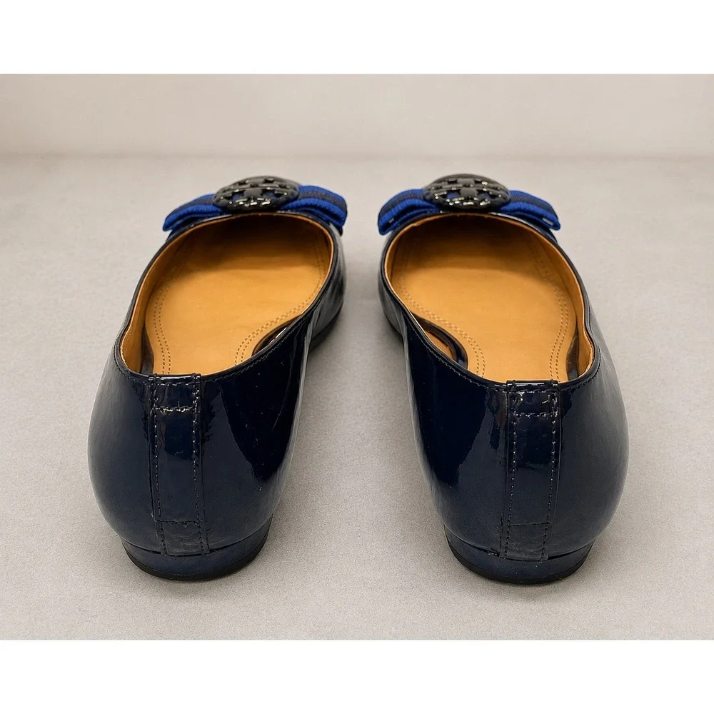 Tory Burch Patent Leather Ballet Flats Womens 6.5M Navy Blue Good Logo Bow 5930A